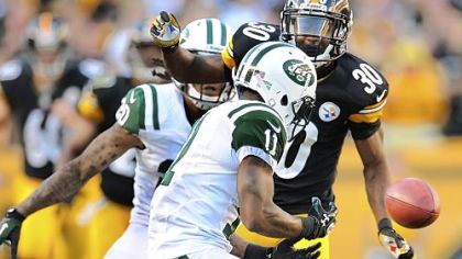 DeMarcus Van Dyke pressures Jets punt returner Jeremy Kerley into a fumble in the third quarter Sunday at Heinz Field.