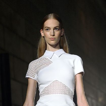 A model displays an outfit by designer Victoria Beckham.
