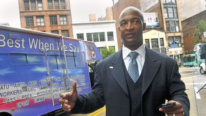 NFLPA Senior Director of Former Player Services and retired Steelers player Nolan Harrison talks about voting rights and making sure that people will be able to vote in November during a "My Vote, My Right" awareness event held Tuesday in front of the PennDOT office on Smithfield Street.