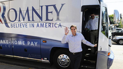 Josh Romney, son of GOP presidential candidate Mitt Romney, at the first stop on a bus tour through Rochester, Butler, and Indiana.