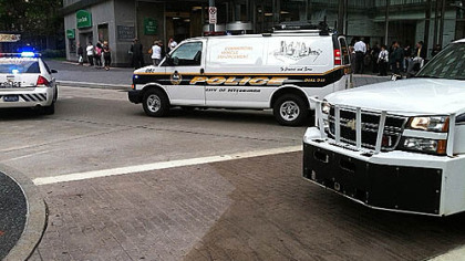 The scene on Liberty Avenue, Downtown Pittsburgh, where a man claiming to have a bomb has taken over a suite in 3 Gateway Center.