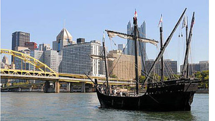 A replica of the Nina, one of Christopher Columbus' ships from 1492, arrives in Pittsburgh Thursday. Both the Nina and Pinta are docked at the North Shore Riverfront Park and open to the public for tours.