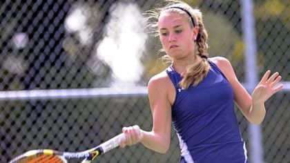 Mt. Lebanon's Callie Frey returns a volley in the WPIAL Class AAA girls singles tennis championship Friday against Upper St. Clair's Megan Adamo at North Allegheny High School.