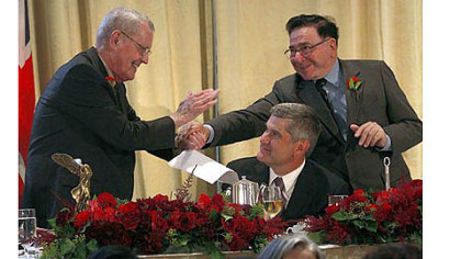 Transplant pioneers Thomas Starzl, left, and Sir Roy Calne congratulate each other after sharing the 2012 Lasker-DeBakey Clinical Medical Research Award on Friday as Craig B. Thompson, president and CEO of Memorial Sloan-Kettering Cancer Center, looks on.