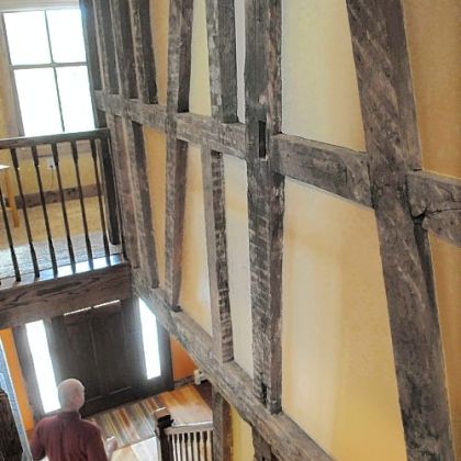 Original beams were exposed during renovation of the Wise home. Ryan Wise's family is the fifth generation to live in the house, which was built as a drovers inn by the Harmonists.