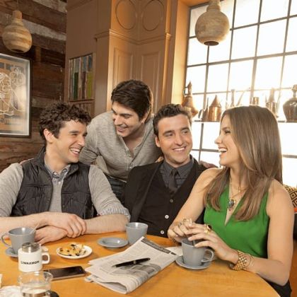 The cast of "Partners" includes, from left, Michael Urie, Brandon Routh, David Krumholtz and Sophia Bush.