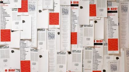 Poet Caroline Bergvall created a series of "broadsides" -- this one is "Dame Just Is No Longer" -- for the installation "Middling English."