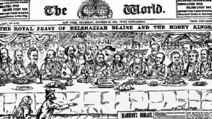 Walt McDougall's illustration of Republican presidential candidate James G. Blaine 'feasting' with moguls just before the 1884 election probably cost Blaine the White House.