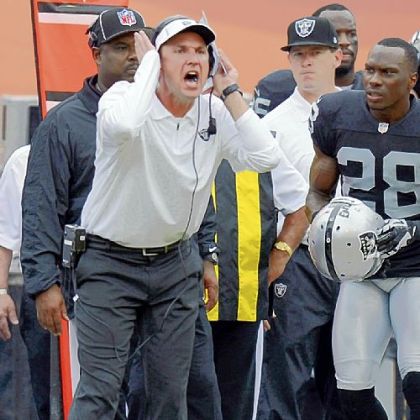 Oakland head coach Dennis Allen screams from the sidelines during the first half of an NFL football game against the Miami Dolphins earlier this month.