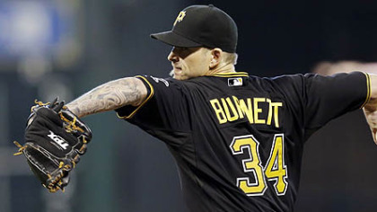 Pirates starting pitcher A.J. Burnett throws during the sixth inning.