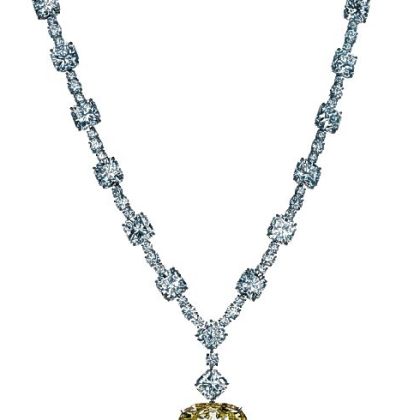 The finished necklace with the 128.54-carat Tiffany Diamond and white diamonds totaling more than 100 carats.  The stone received a new setting to commemorate the store's 175th anniversary.