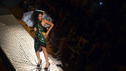 A model brings a taste of Brazil to the runway with colorful clothes by Lana Neumeyer.