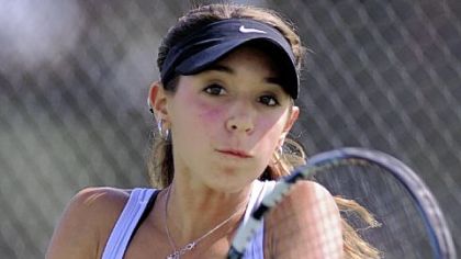 Greensburg Central Catholic freshman Alyvia Kluska returns a shot during the WPIAL Class AA singles championship match.