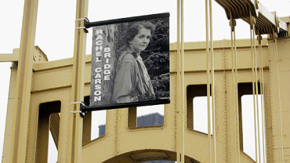A banner with a photograph of Rachel Carson hangs from supports on the bridge bearing her name across the Allegheny River in 2006.