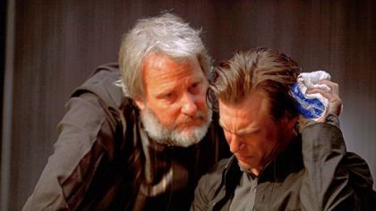 Jeff Daniels, left, is crime boss Abe, with Noah Segan as Kid Blue, in the futuristic thriller "Looper."