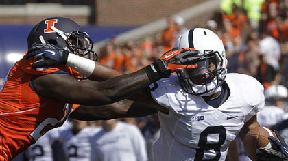 Penn State wide receiver Allen Robinson (8) escapes Illinois defensive back Jack Ramsey (21) during the first half.