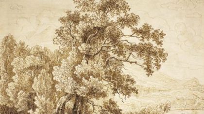 "Tree and Lake With Figures in Row Boat" in Saint Vincent College's "German Baroque Master Drawings" exhibition.