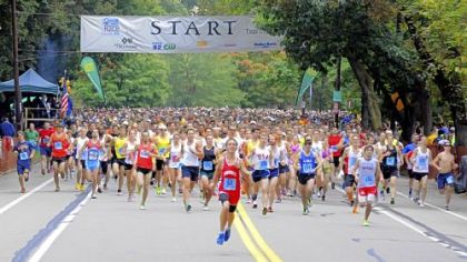 Runners take off at the start of Sunday's 35th annual Great Race on Beechwood Boulevard at Frick Park.
