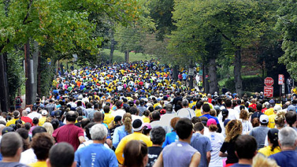 Runners make their way up Beechwood Boulevard in Frick Park at the start of the 35th annual Great Race.