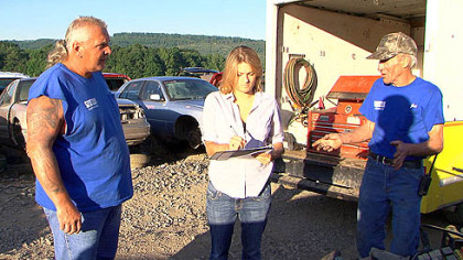 Director Laura Beachy, center, with Terry Butler, left, and an unidentified assistant on the set of the documentary.