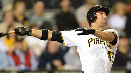 The Pirates' Garrett Jones hits two run homer against the Braves in the fifth inning.