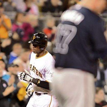 Starling Marte rounds third after hitting a solo shot in the fifth inning Monday at PNC Park.