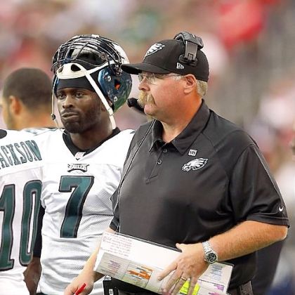 Head coach Andy Reid and quarterback Michael Vick of the Philadelphia Eagles stand on the sidelines during a Sept. 23 against the Cardinals.