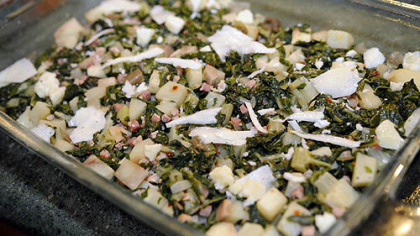 The makings for baked Swiss chard, potato and pancetta prepared by Father Sam Esposito.