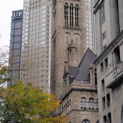 A view along Grant Street,  showing the U.S. Steel Tower, BNY Mellon Center, Allegheny County Courthouse,  and the City-County Building.