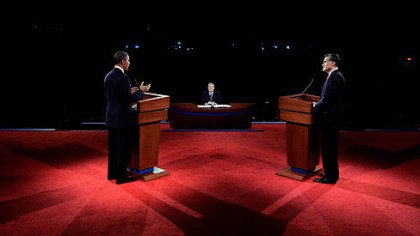 President Barack Obama and Republican presidential nominee Mitt Romney participate in the first presidential debate at the University of Denver.