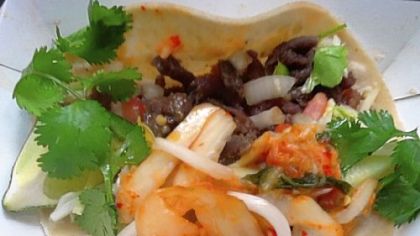 From Koi Fusion one of the most popular food carts in Portland, Korean BBQ pork with kimchee, mung beans and pico de gallo. $2.