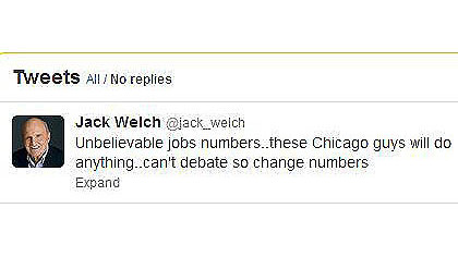 A screen grab of Jack Welch's tweet about the jobless numbers.