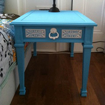 After photo of sky blue end tables by Artifact Pittsburgh.