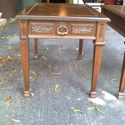 Before photos of sky blue end tables by Artifact Pittsburgh.