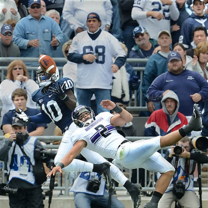 Penn State safety Malcolm Willis breaks up a pass intended for Northwestern's Kain Colter in this afternoon's game at State College.