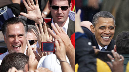 President Barack Obama, right, at Cleveland State University on Friday. Republican presidential candidate Mitt Romney, left, in Abingdon, Va.