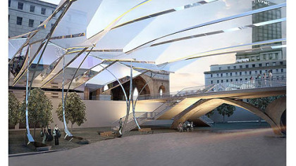 Giacomo Tinari's rendering of a design to link Downtown bus and train passengers with a pedestrian bridge over Liberty Avenue at Grant Street.