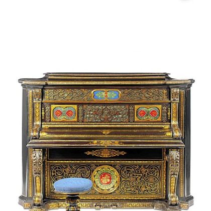 This gilded pianoforte and stool, circa 1867, were made by John Bettridge and Co. of papier-mache mother-of-pearl, aluminum, brass, glass and silk.