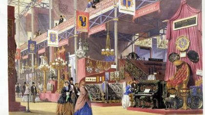 Joseph Nash's color lithograph "Hardware at the Great Exhibition" shows the 1851 world's fair in London.