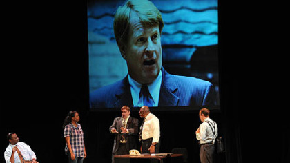 Michael Moats, third from left, as Rich Fitzgerald and Sala Udin, second from right, as Drucker perform in Off the Record XII: Reassess This!