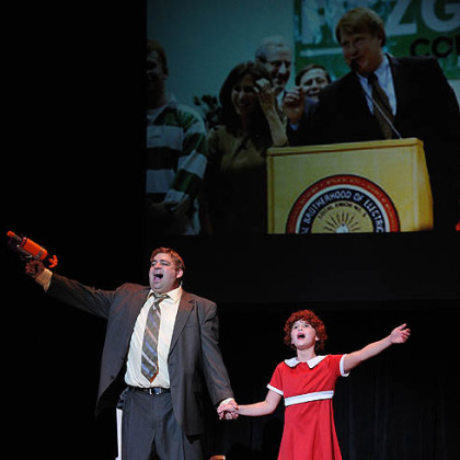 Michael Moats as Rich Fitzgerald and Lauren Haffner as Erin Fitzgerald sing "Assessments Tomorrow."