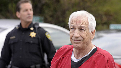 Jerry Sandusky in escorted this morning into the Centre County Courthouse for his sentencing on 45 counts of child sex abuse.