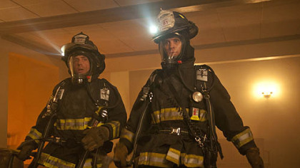David Eigenberg, left, and Jesse Spencer portray firefighters on the new NBC series "Chicago Fire."