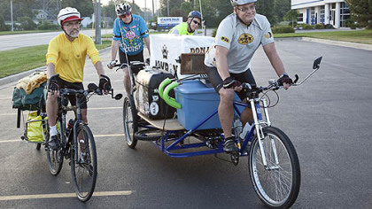Joybox Express is a jazz band that travels by bike == with a piano. Band members from left: Carl Hildebrandt, Brian Delaney, Pete Siers and Mark Braun