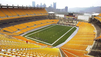 A view from a high seat in Heinz Field showcases Downtown Pittsburgh and the confluence of the Allegheny and Monongahela Rivers.