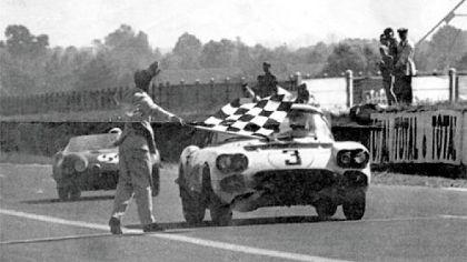 The No. 3 Corvette, above takes the flag in the 1960 Le Mans race. It's one of three fielded in the race, including the disputed No. 1.