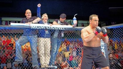 Bas Rutten, left, Henry Winkler and Mark Dellagrotte cheer on Kevin James in "Here Comes the Boom."