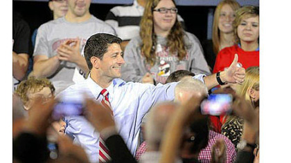 Republican vice presidential candidate Paul Ryan gives the audience a thumbs up Saturday before a town hall meeting at Youngstown State University.