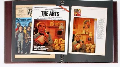 When Andy Warhol began to generate headlines, he and his staff gathered them into scrapbooks. Among several from The Warhol collection exhibited in "Warhol: Headlines" is Volume 8, which, on page 11, archives a Saturday Review cover article about Warhol's cookie jar collection.