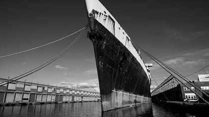 The SS United States' bow was tall and narrow to cut through North Atlantic waves.